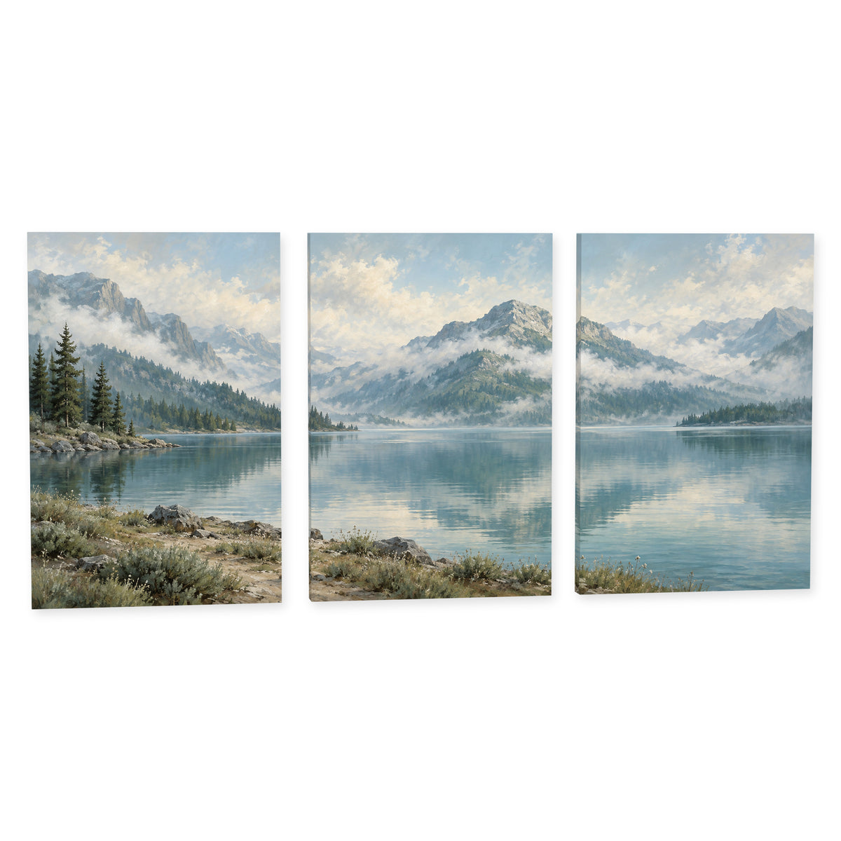 Misty Mountain Lake — Landscape Canvas Wall Art Set of 3 — Complete canvas print on a white background — image 01