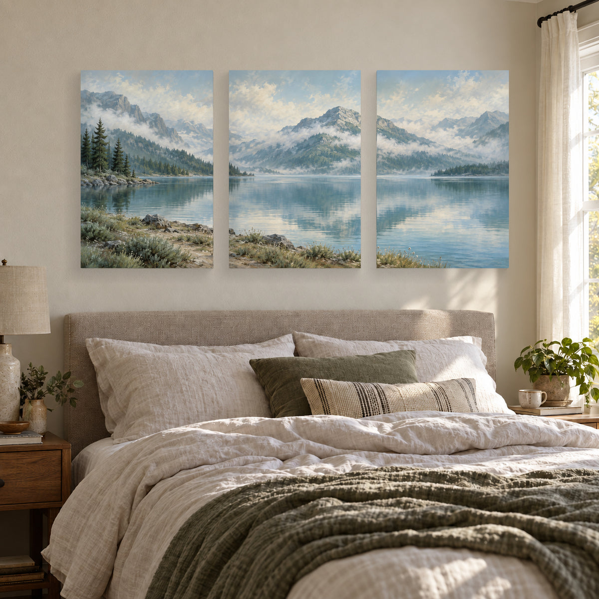Misty Mountain Lake triptych canvas prints above a guest bed