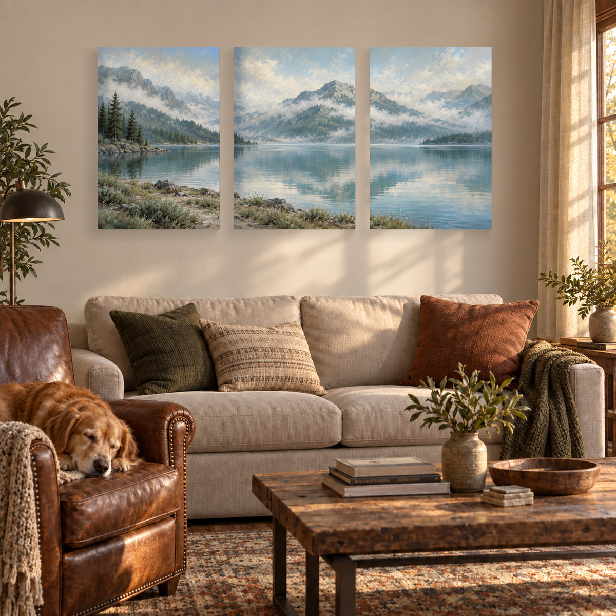 Misty Mountain Lake triptych canvas prints in a sunlit reading room