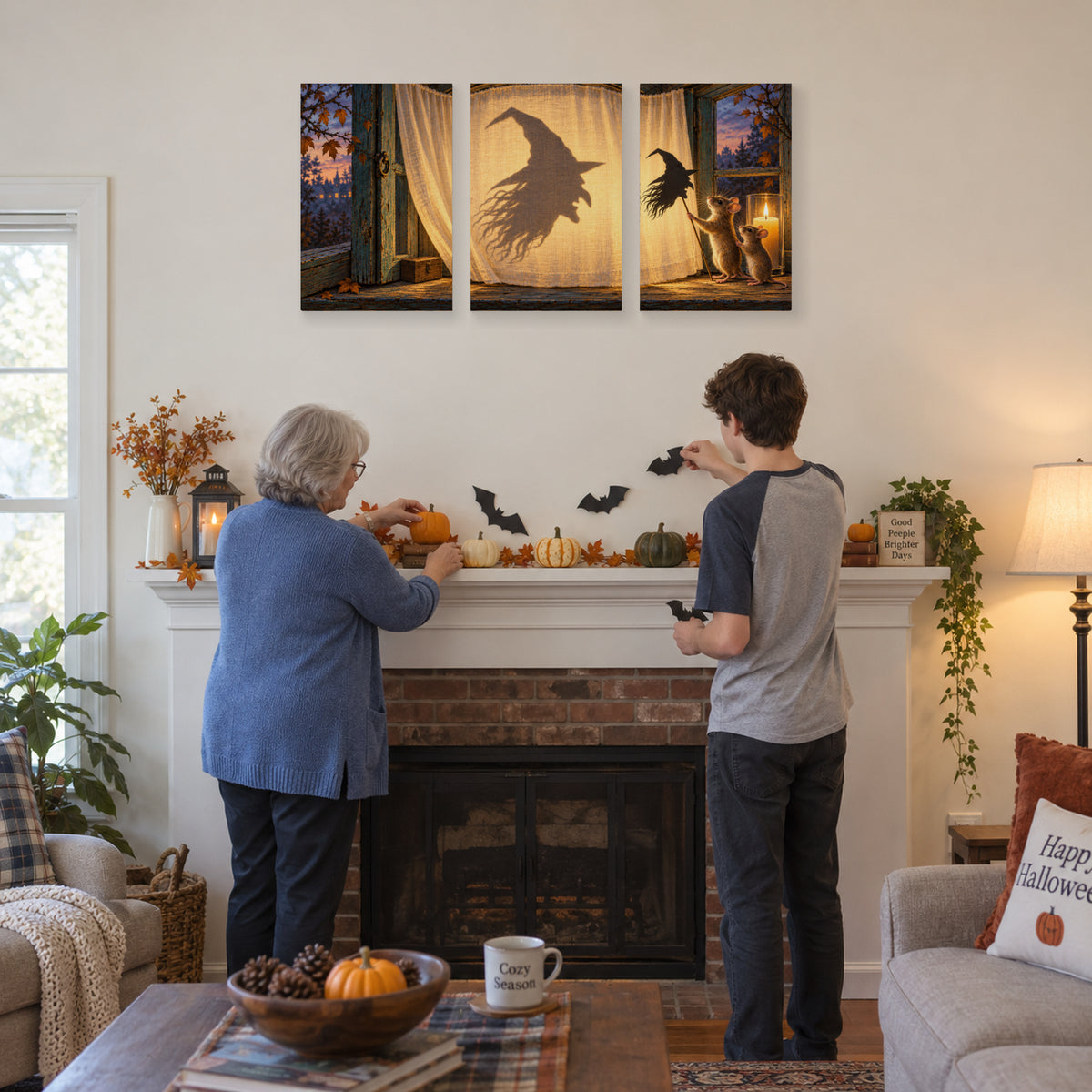 Midnight Shadow Theatre triptych above a fireplace during Halloween decorating