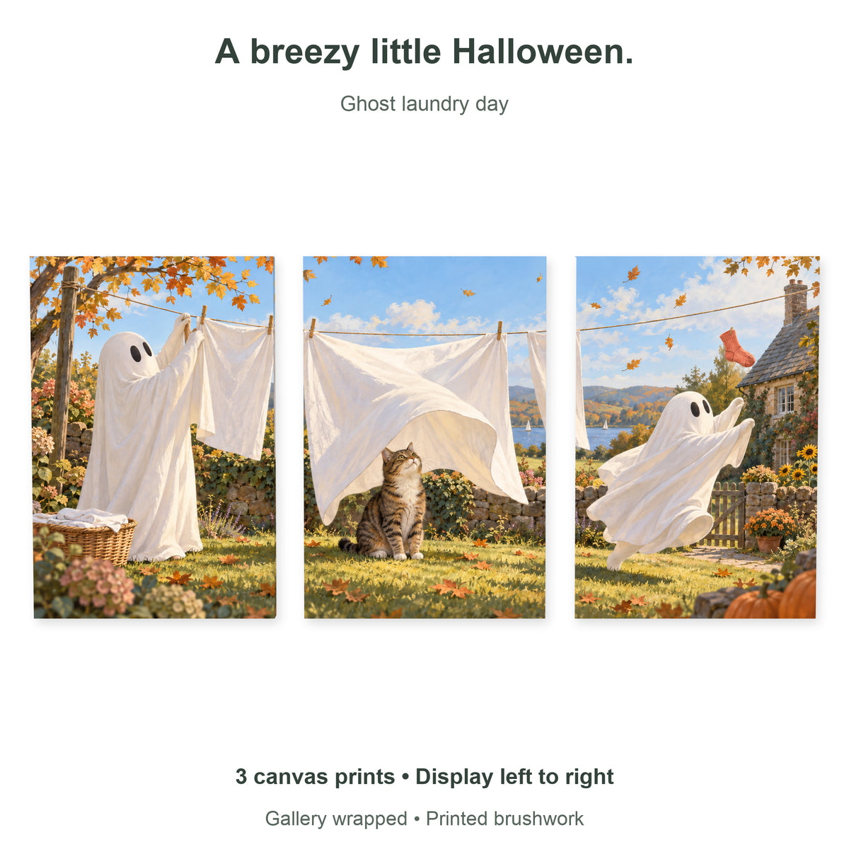 Ghost Laundry Day — Halloween Canvas Wall Art Set of 3 — Artwork theme and included panel arrangement — image 09