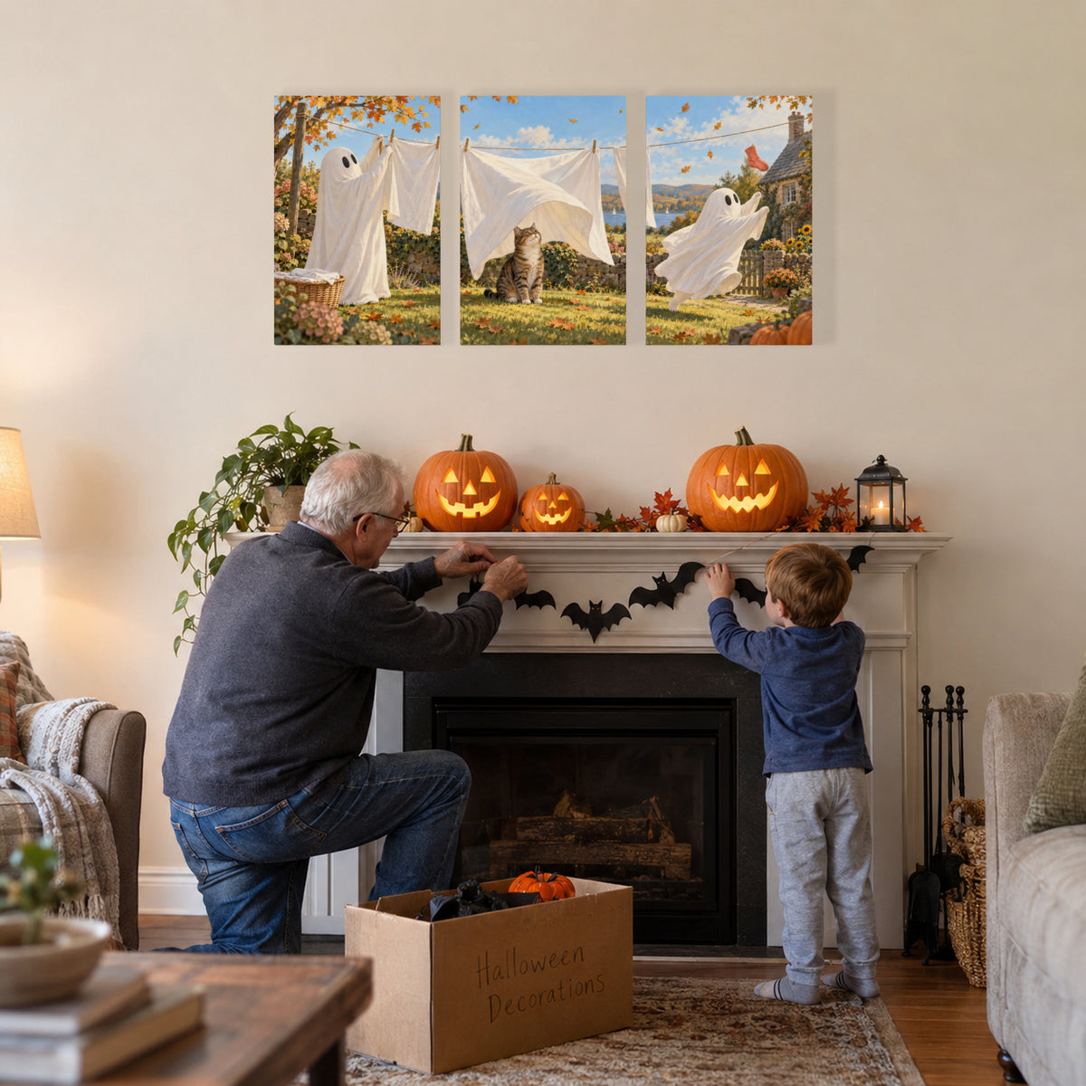 Ghost Laundry Day canvas prints during Halloween fireplace decorating