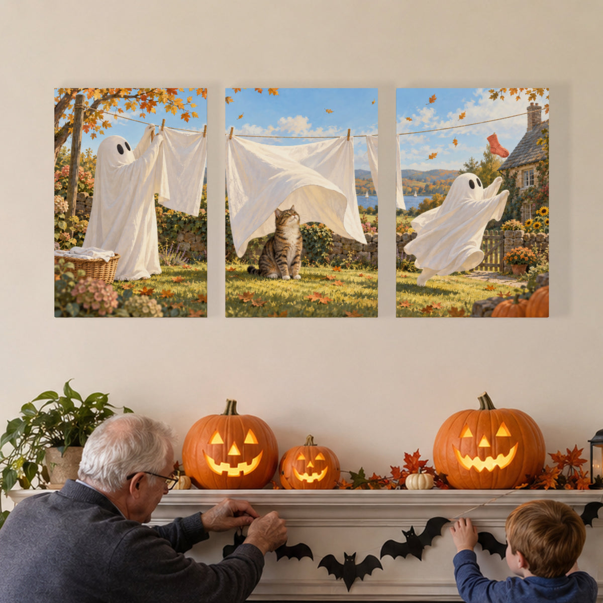 Ghost Laundry Day — Halloween Canvas Wall Art Set of 3 — complete unframed canvas artwork in a close lifestyle view; styling props not included