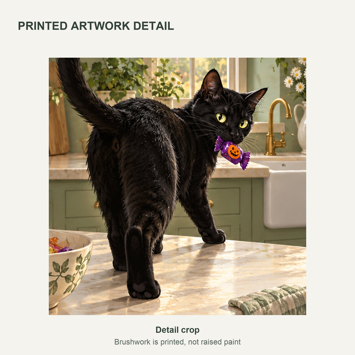Black Cat Candy Thief — Halloween Canvas Wall Art Set of 3 — Detail crop of the printed artwork — image 05
