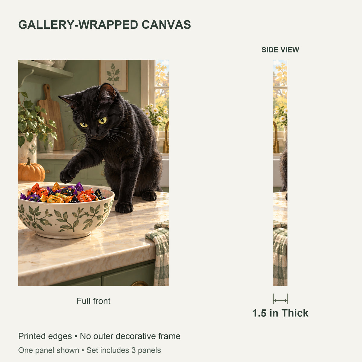 Black Cat Candy Thief — Halloween Canvas Wall Art Set of 3 — Canvas depth and wrapped edges — image 06
