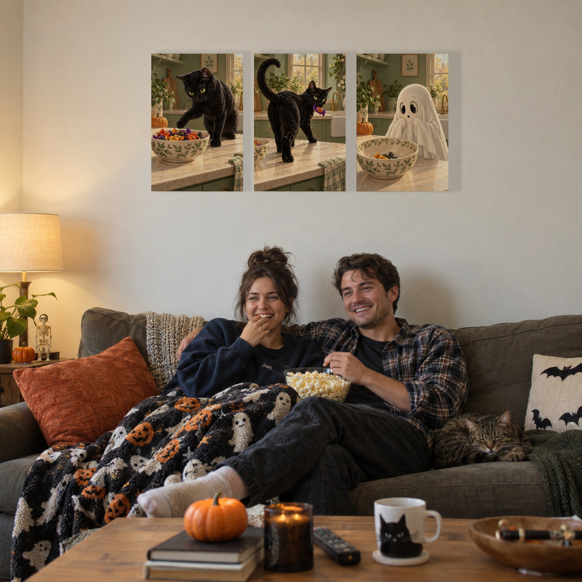 Black Cat Candy Thief canvas prints during a family movie night