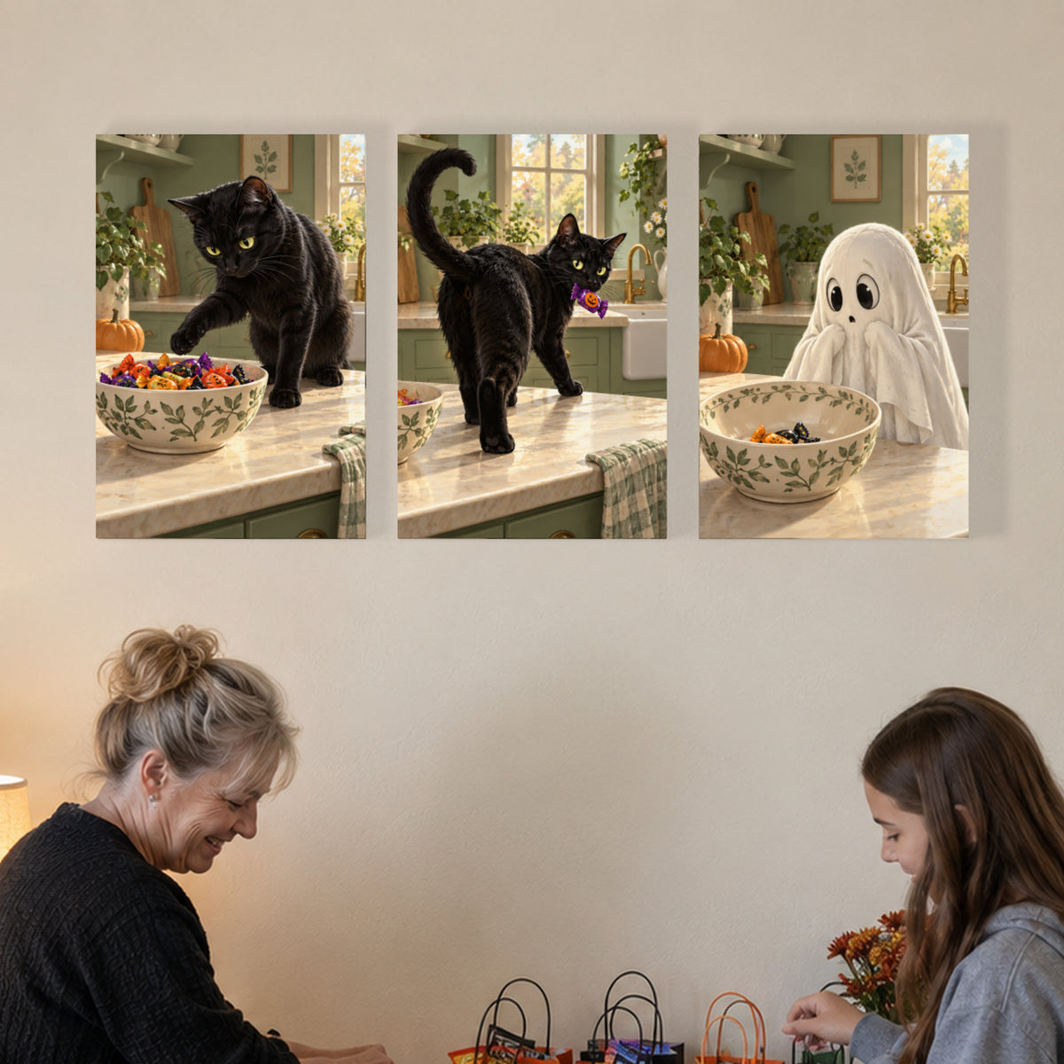 Black Cat Candy Thief — Halloween Canvas Wall Art Set of 3 — complete unframed canvas artwork in a close lifestyle view; styling props not included
