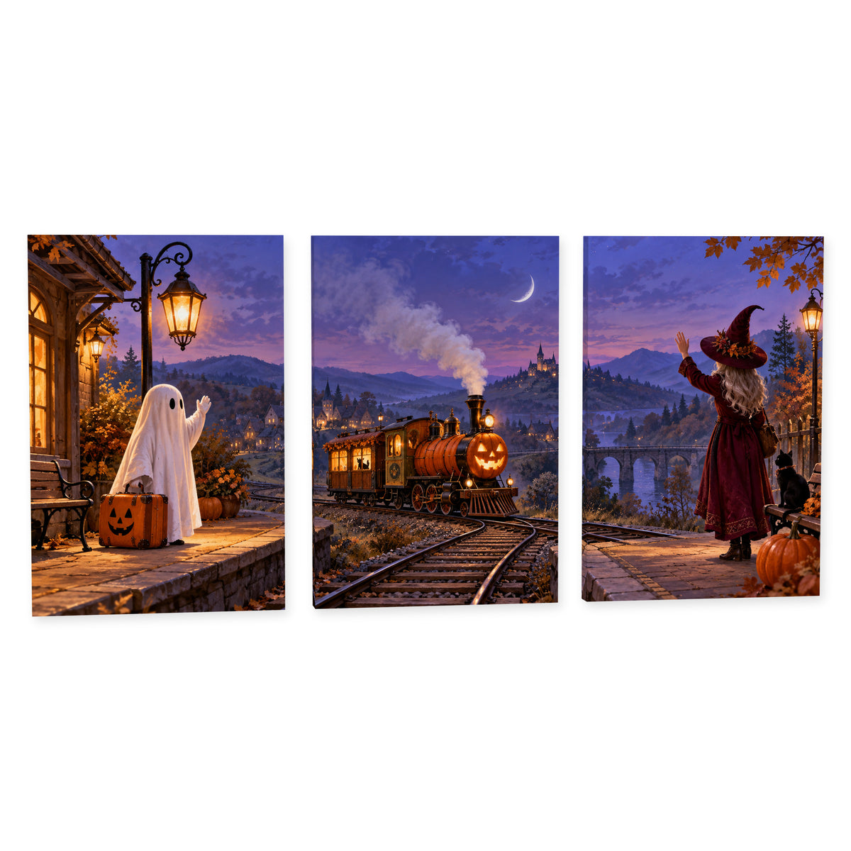 The Last Pumpkin Train — Halloween Canvas Wall Art Set of 3 — Complete canvas print on a white background — image 01