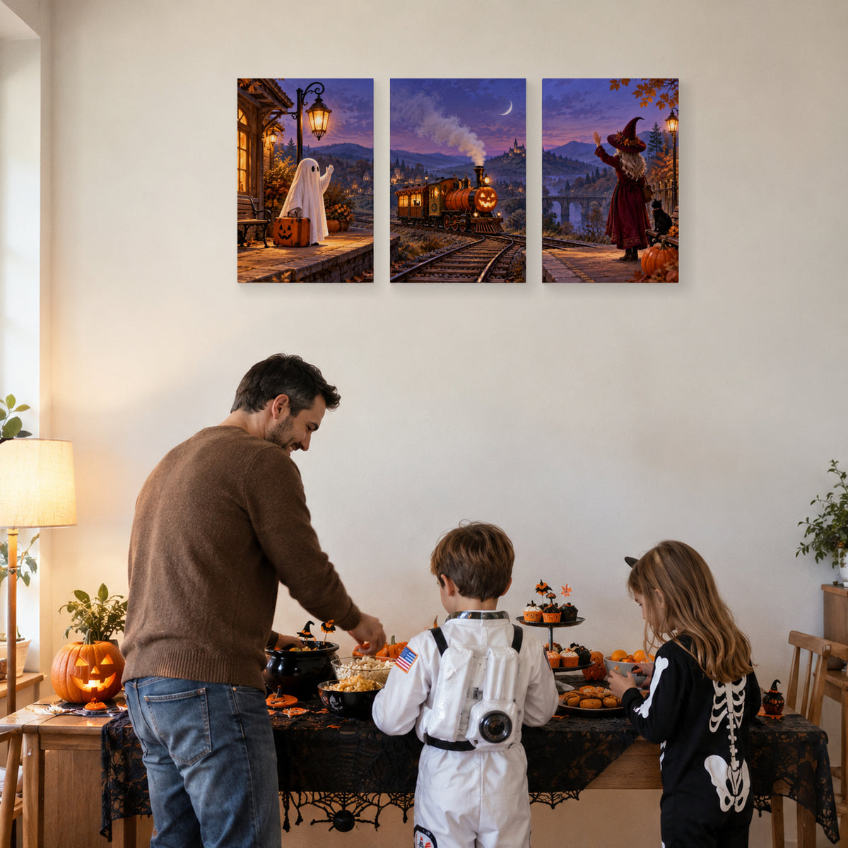 The Last Pumpkin Train canvas prints during Halloween party preparations