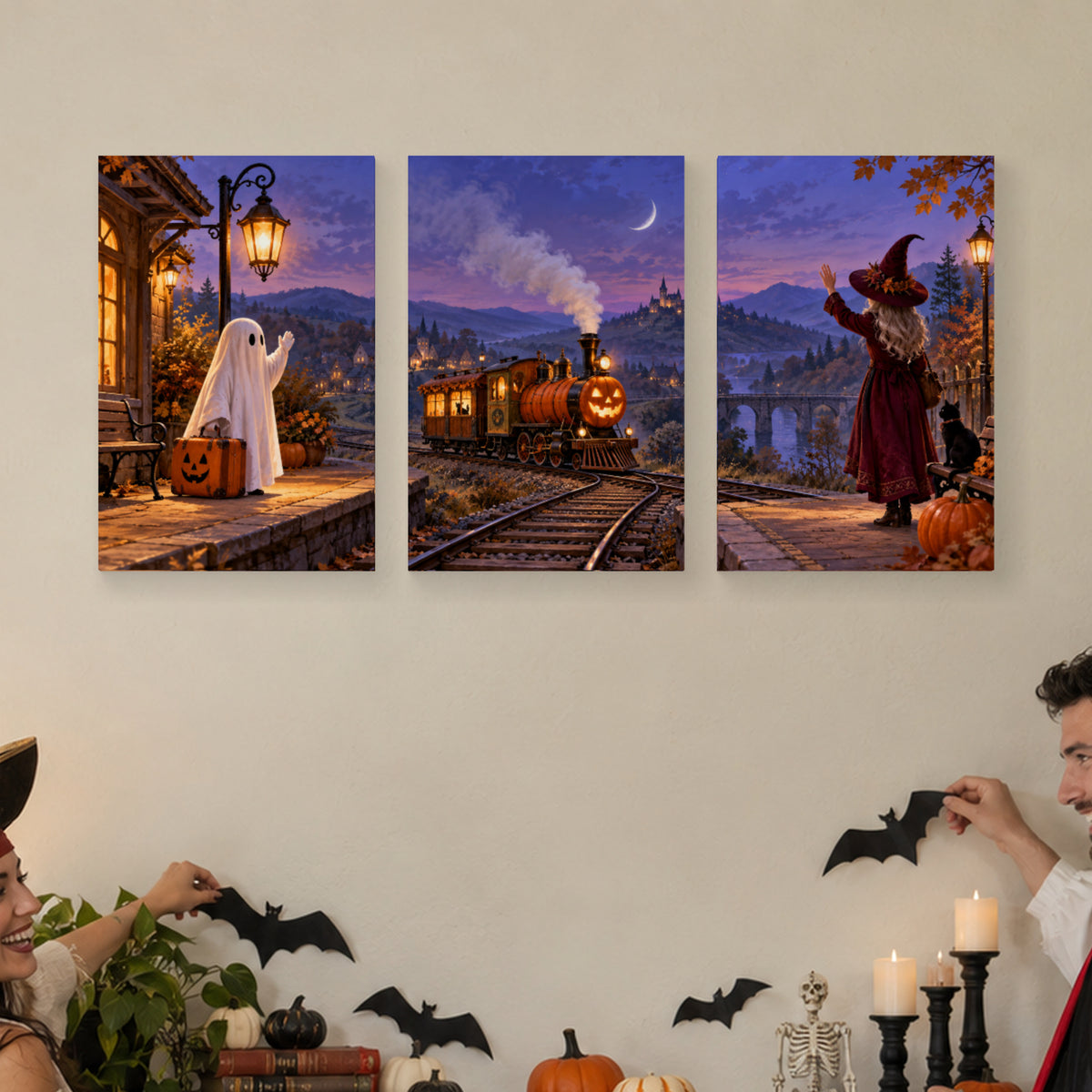 The Last Pumpkin Train — Halloween Canvas Wall Art Set of 3 — complete unframed canvas artwork in a close lifestyle view; styling props not included