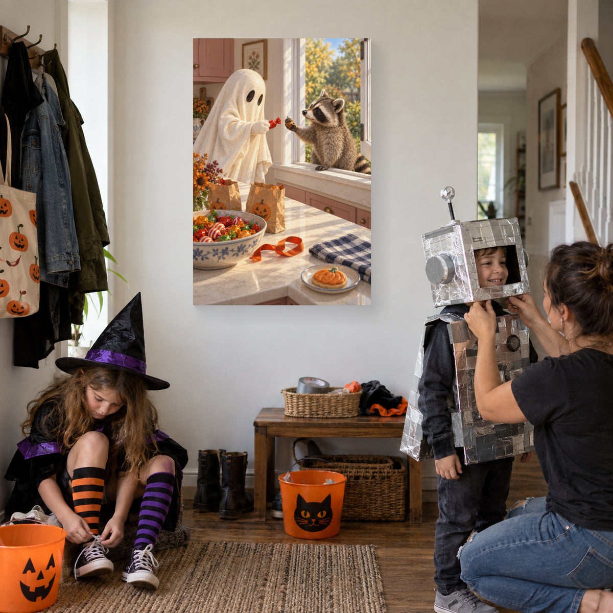 Candy for an Acorn canvas print during Halloween costume preparations