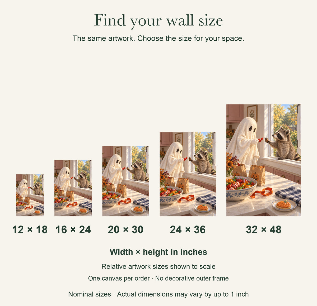 Candy for an Acorn — Halloween Canvas Wall Art — artwork size comparison, width × height in inches — Image 11