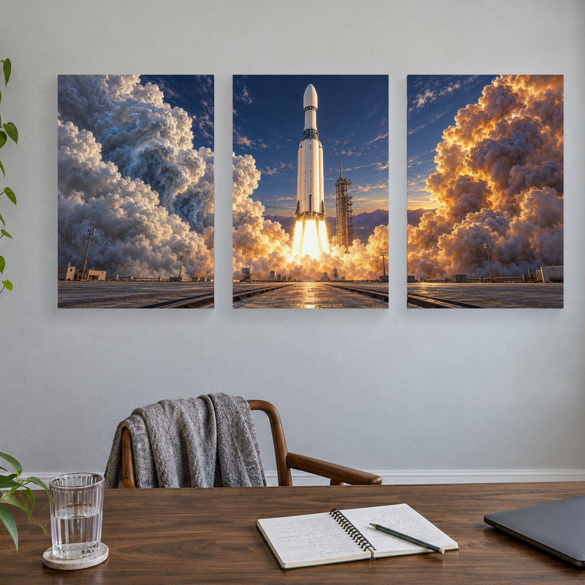 One Second Above Ground triptych canvas prints in a home office