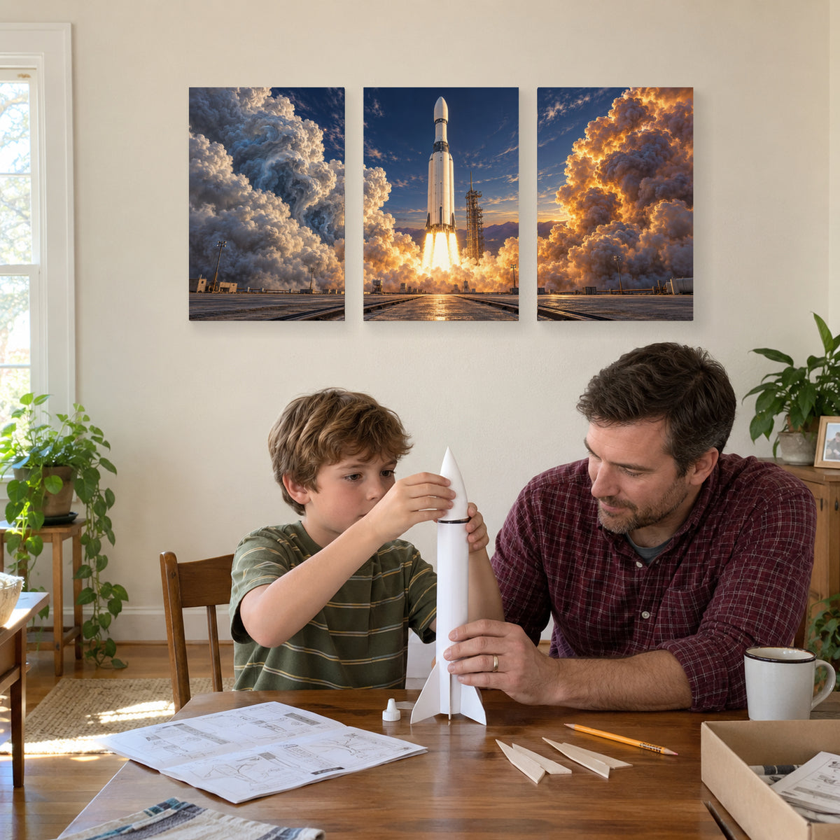 One Second Above Ground triptych canvas prints during father and son model building