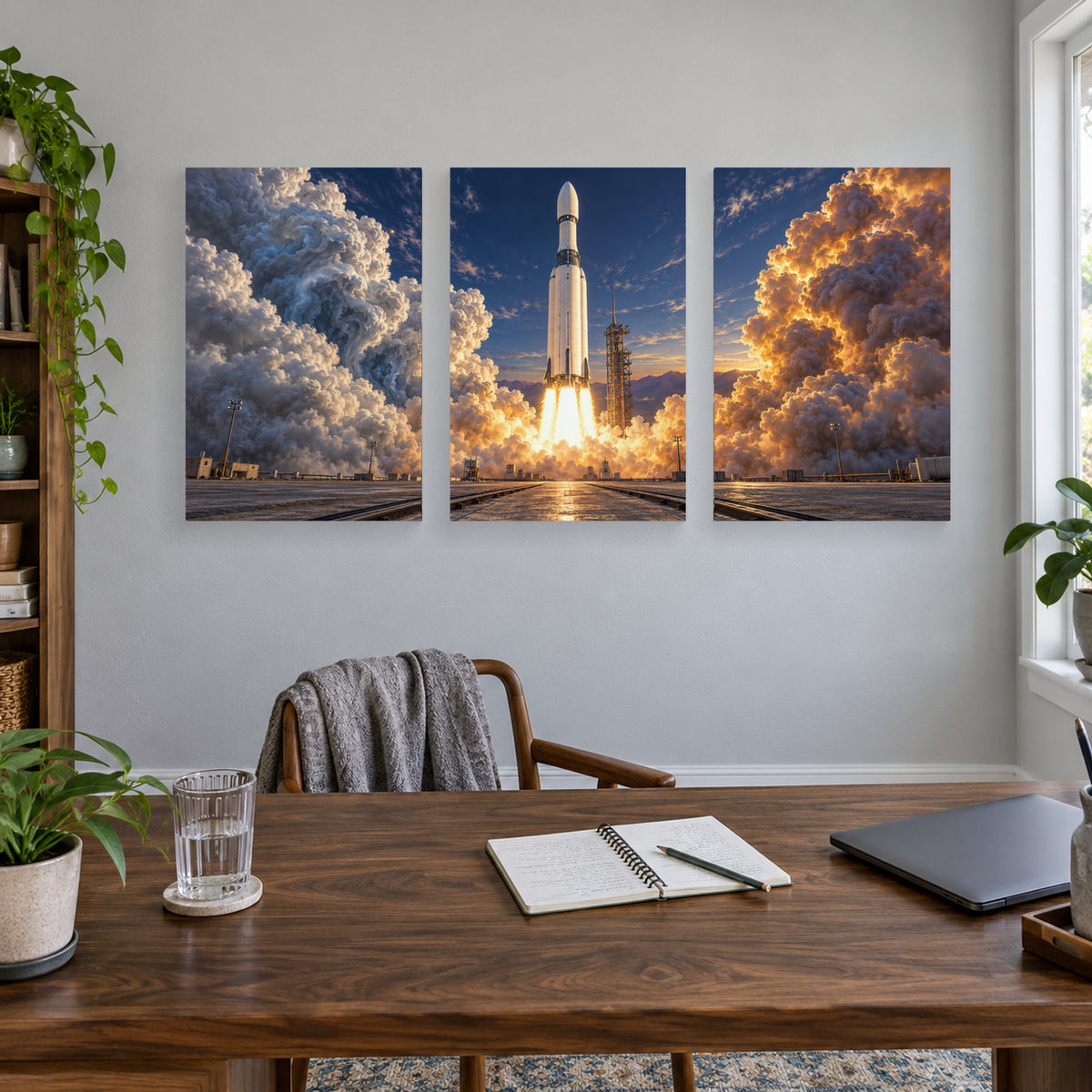 One Second Above Ground triptych canvas prints in a home office