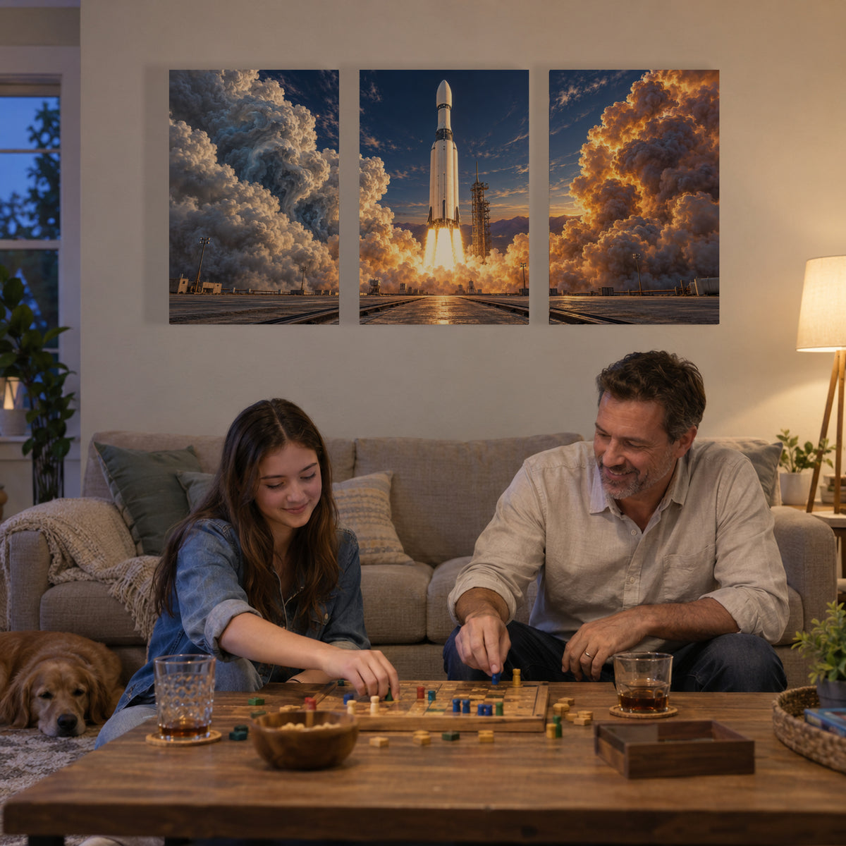 One Second Above Ground triptych canvas prints during an evening family board game