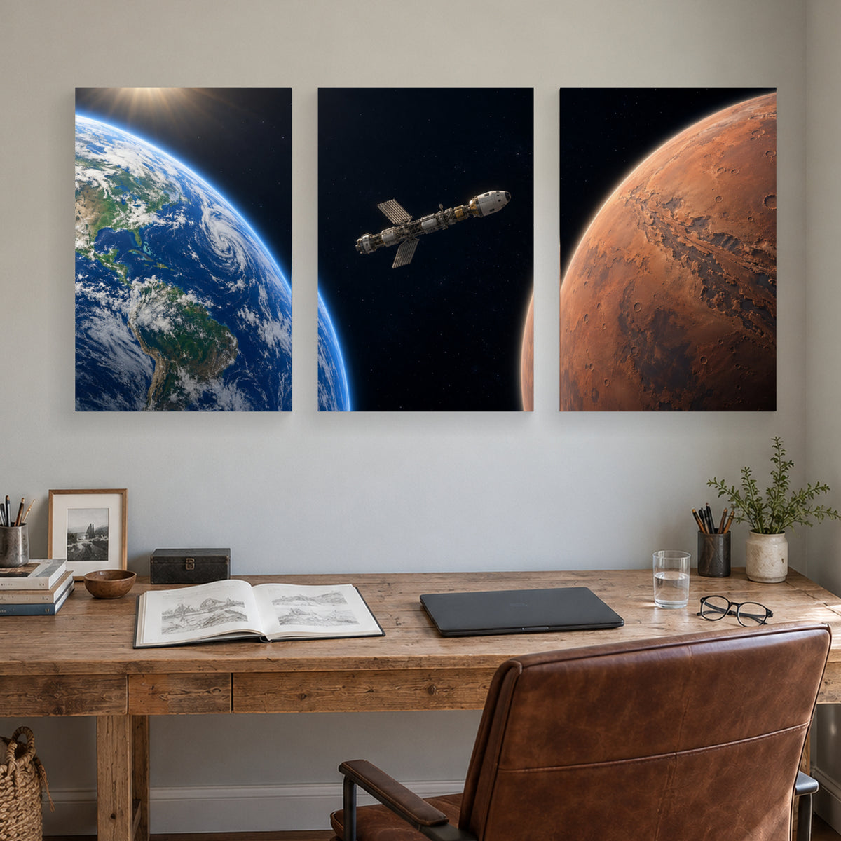From Earth to Mars triptych canvas prints above a home office desk