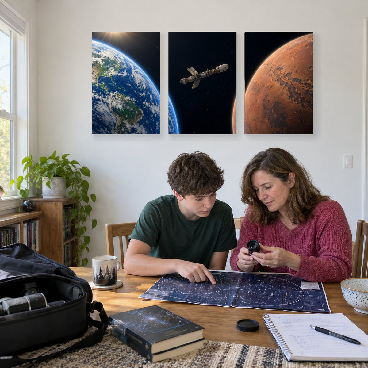 From Earth to Mars triptych canvas prints during family stargazing preparations