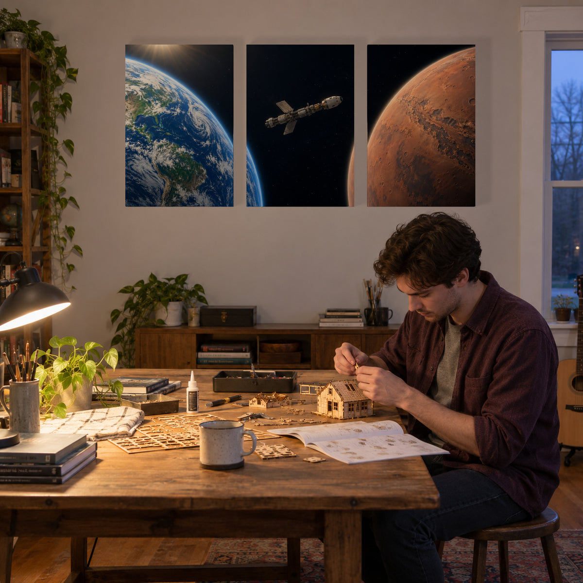 From Earth to Mars triptych canvas prints in an evening craft room