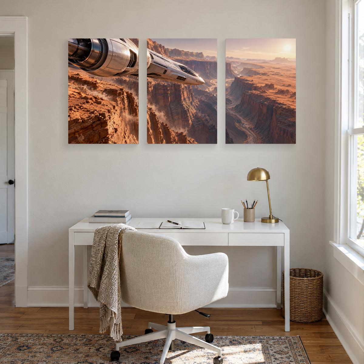 Skimming the Martian Canyon triptych canvas prints above a home office desk