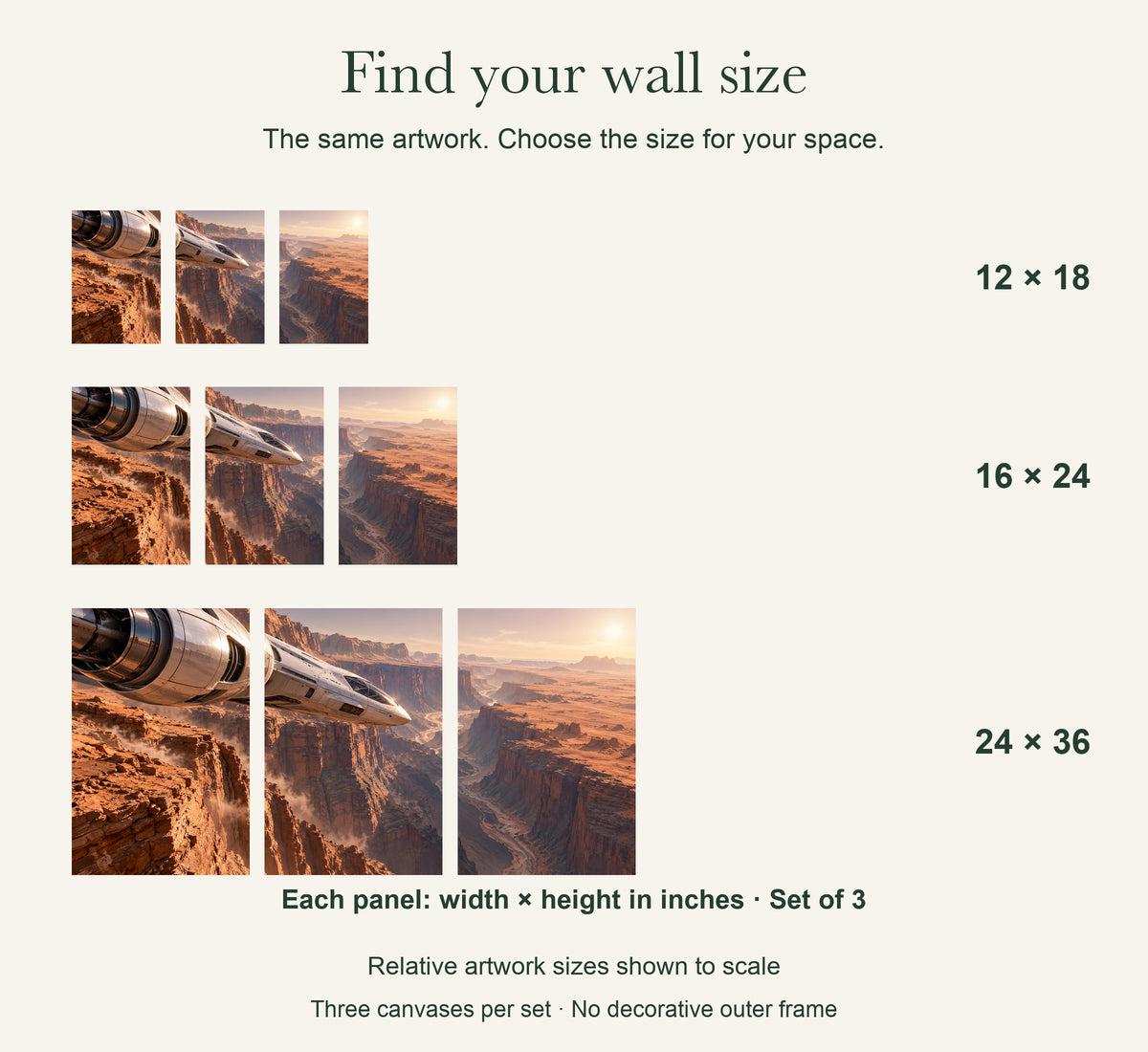 Skimming the Martian Canyon — Space Canvas Wall Art Set of 3 — artwork size comparison, width × height in inches, dimensions per panel, set of 3 — Image 11