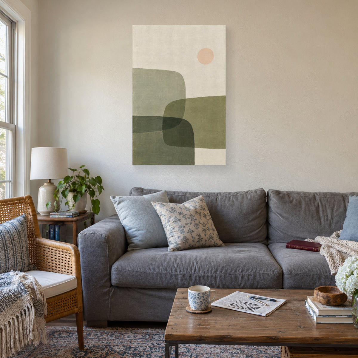 Sage Overlap canvas print in a living room