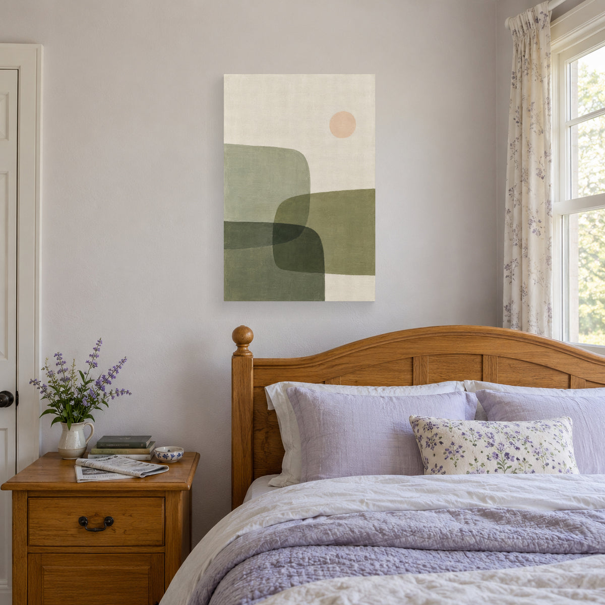 Sage Overlap canvas print displayed above a bed