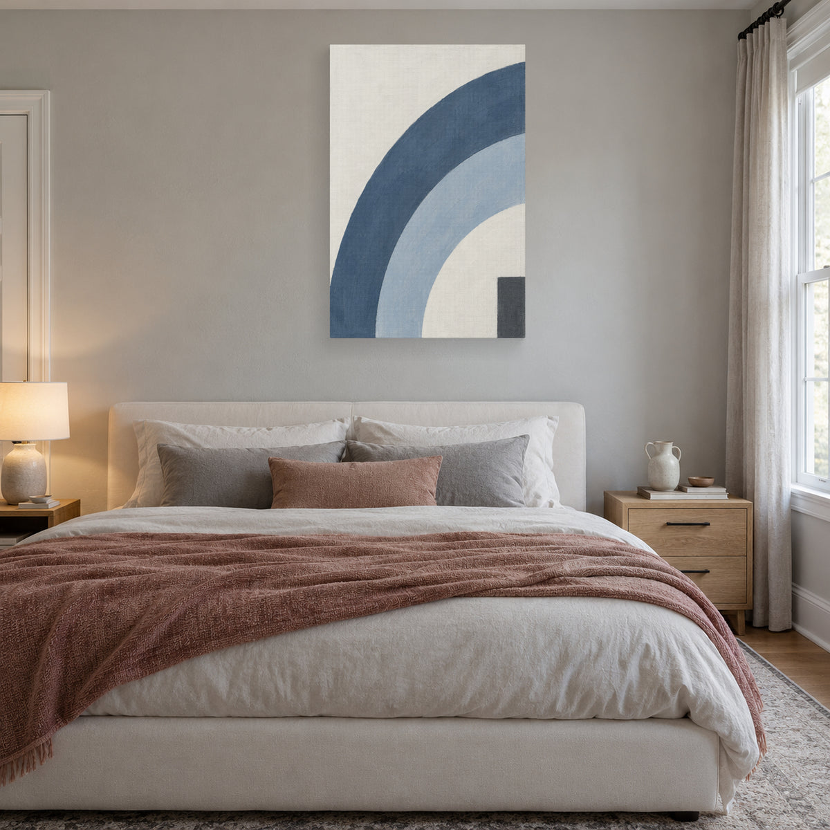 Blue Grey Echo canvas print displayed above a bed