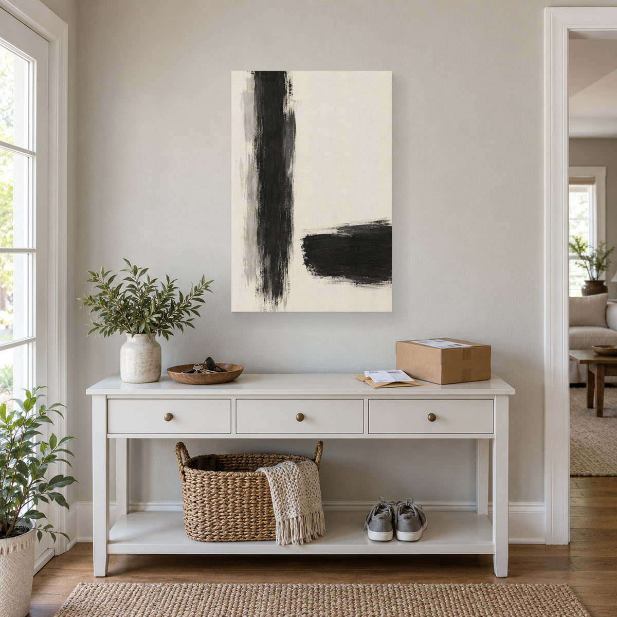 Between the Strokes canvas print in a home entryway