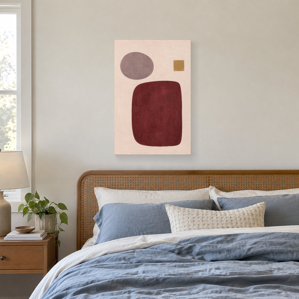 Burgundy Order canvas print above a bed in morning light