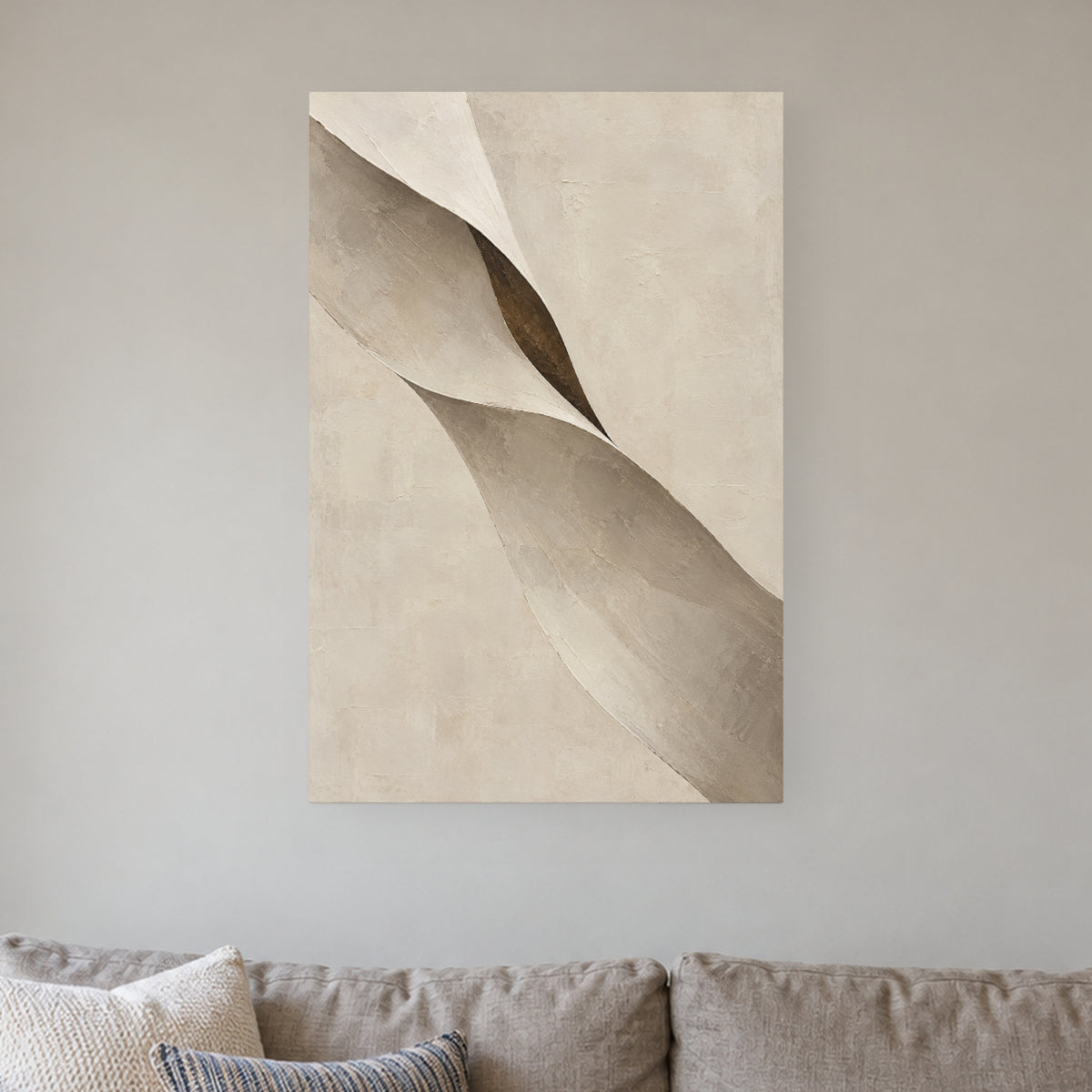 Limestone Folds — Abstract Canvas Wall Art — ivory and taupe folded forms — complete gallery-wrapped canvas in a naturally lit home — image 01