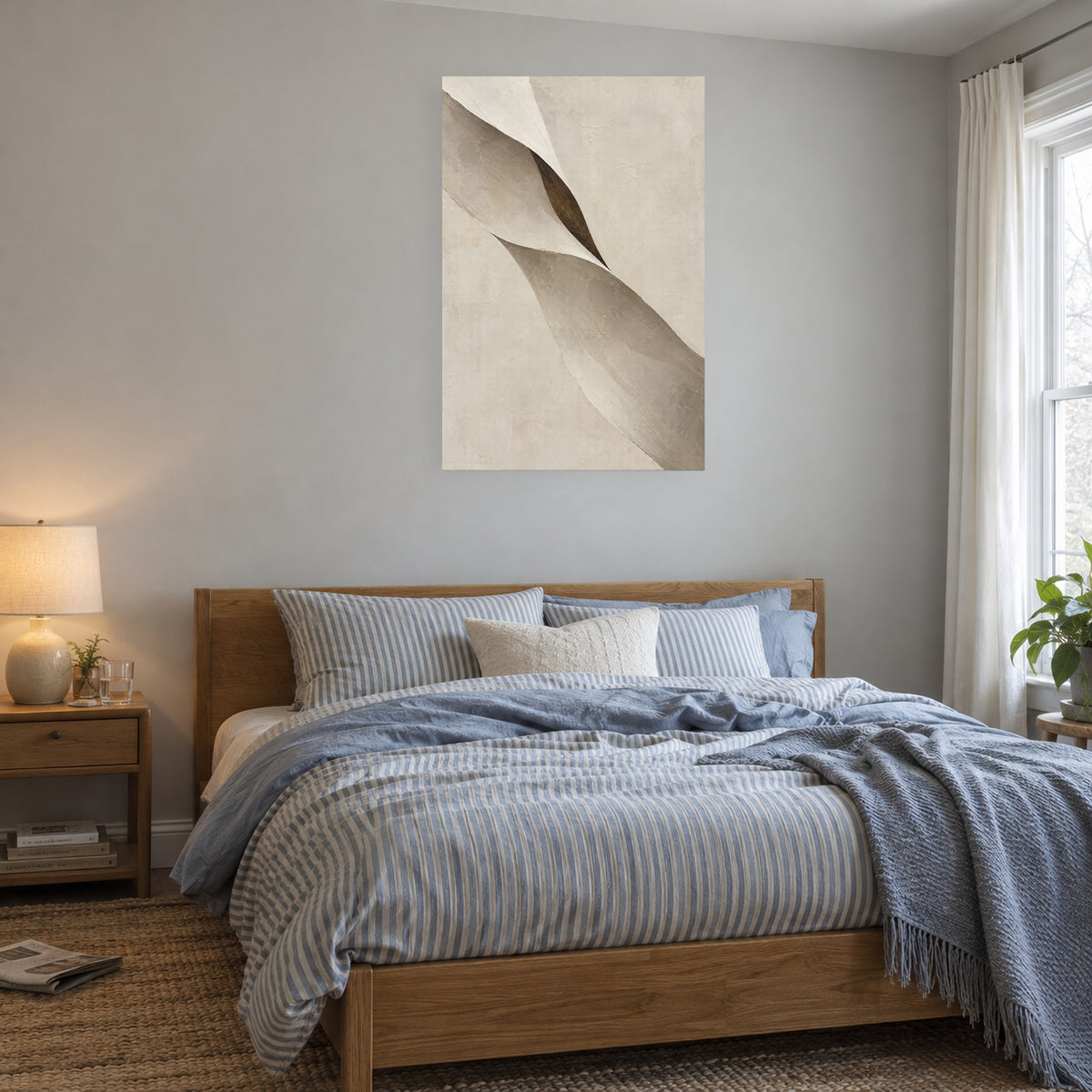 Limestone Folds — Abstract Canvas Wall Art — ivory and taupe folded forms — canvas displayed during weekend morning — image 04