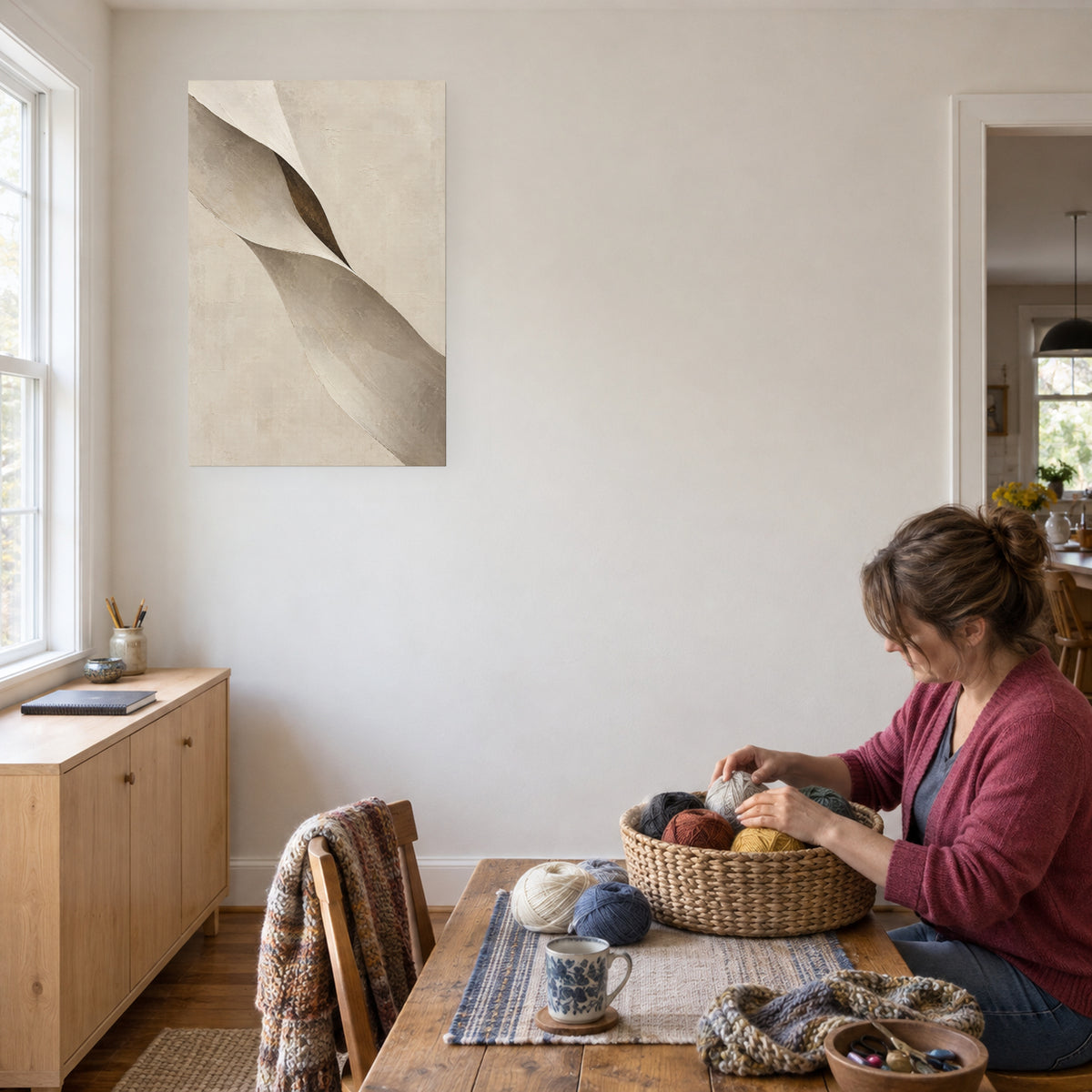 Limestone Folds — Abstract Canvas Wall Art — ivory and taupe folded forms — canvas displayed during organizing craft materials — image 09