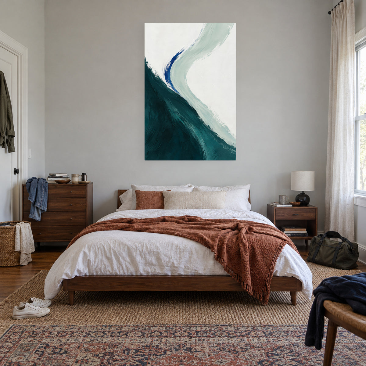 Tidal Teal — Abstract Canvas Wall Art — petrol teal and sea-glass curves — canvas displayed during bedroom everyday routine — image 04