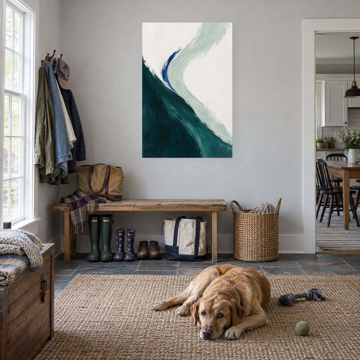 Tidal Teal — Abstract Canvas Wall Art — petrol teal and sea-glass curves — canvas displayed during an everyday home activity — image 05