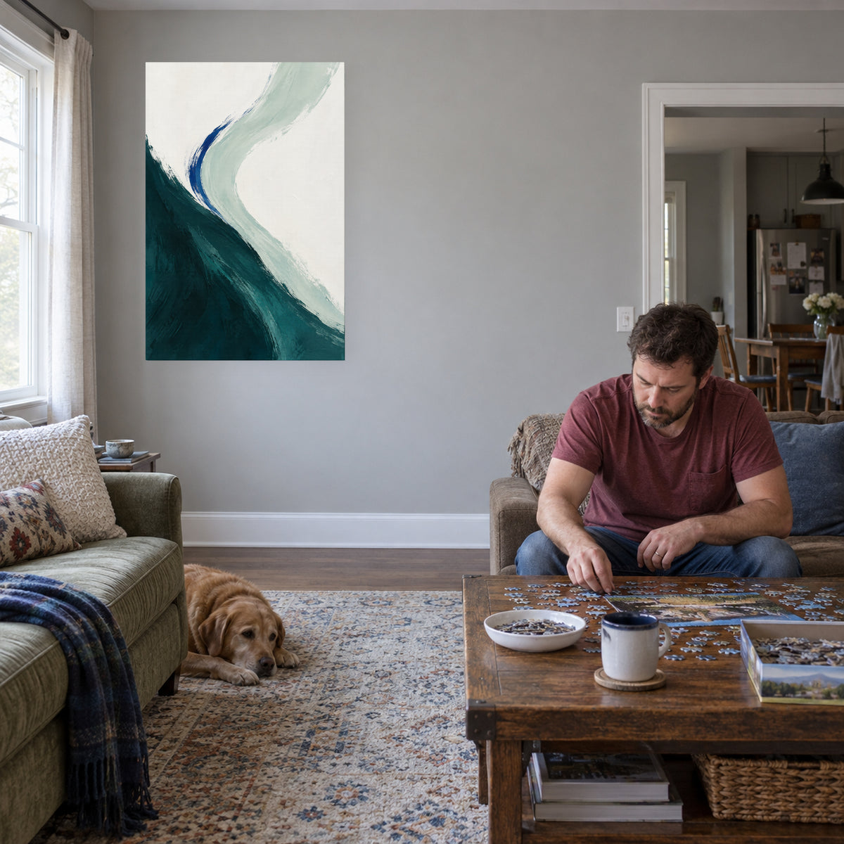 Tidal Teal — Abstract Canvas Wall Art — petrol teal and sea-glass curves — canvas displayed during an everyday home activity — image 09