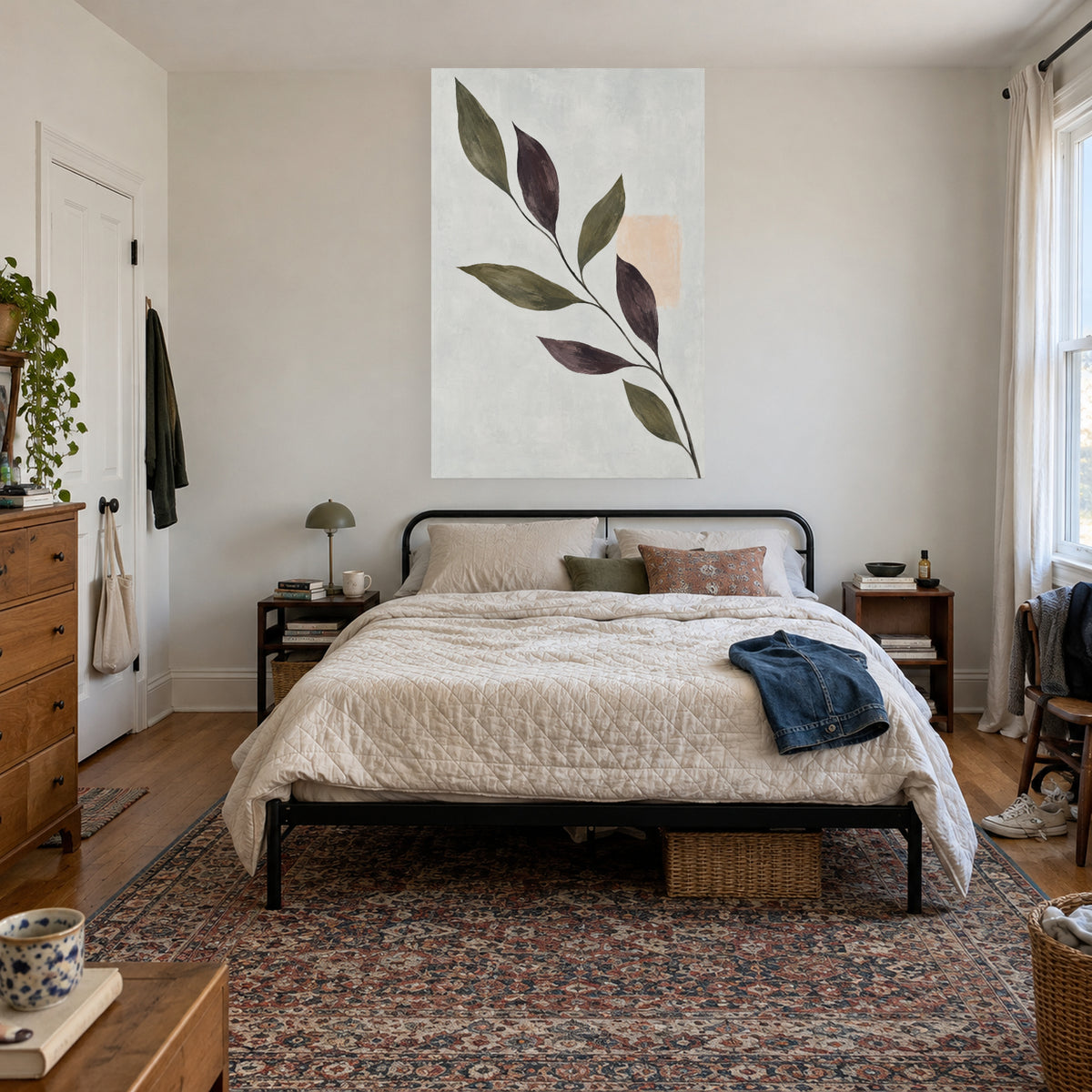 Olive Branch Shadows — Abstract Canvas Wall Art — olive botanical silhouettes — canvas displayed during bedroom everyday routine — image 04