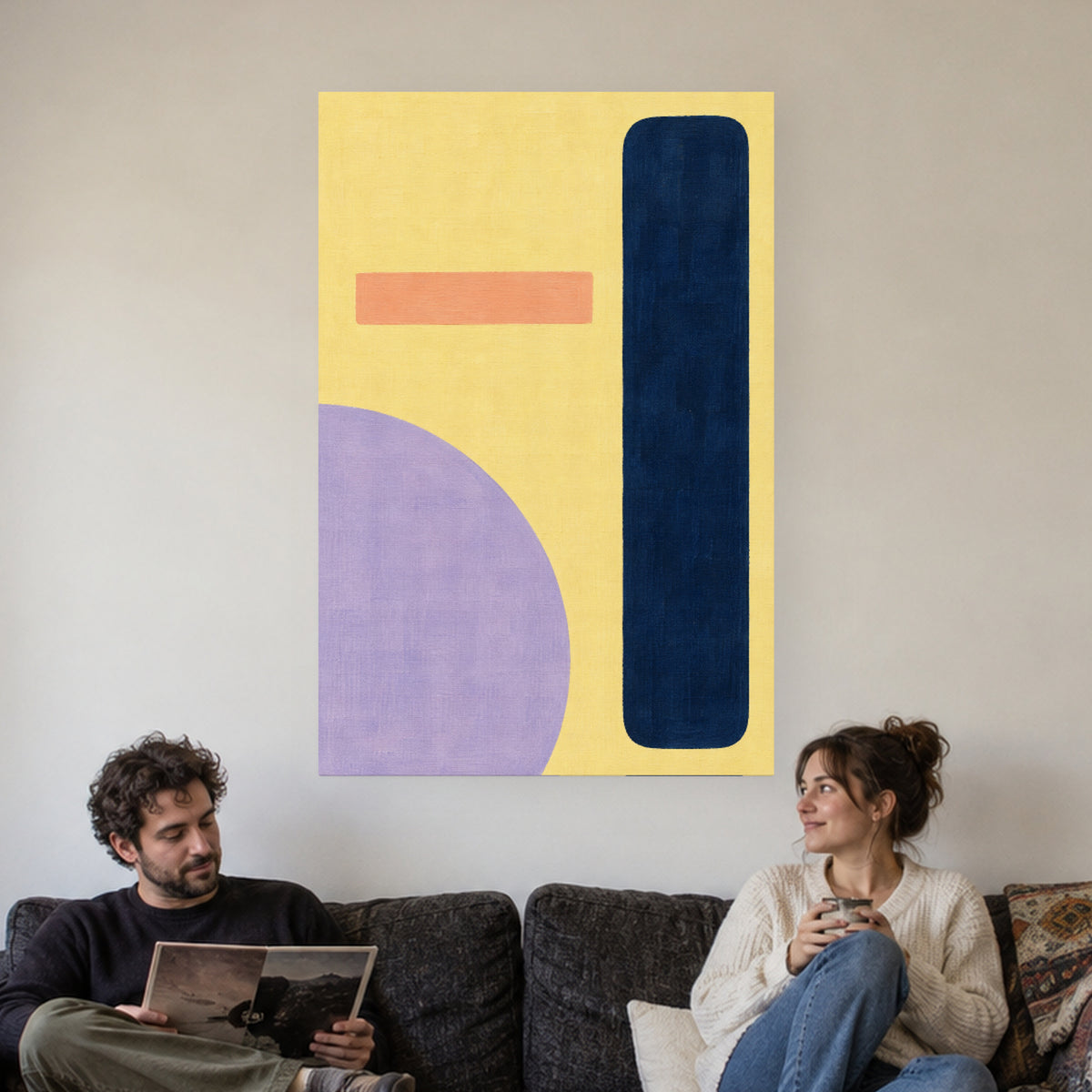 Butter Yellow Rhythm — Abstract Canvas Wall Art — butter yellow, navy and lavender geometric forms — complete gallery-wrapped canvas in a naturally lit home — image 01