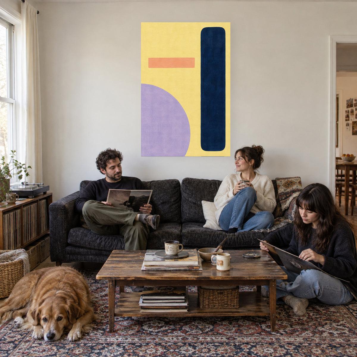 Butter Yellow Rhythm — Abstract Canvas Wall Art — butter yellow, navy and lavender geometric forms — canvas displayed during an everyday home activity — image 03