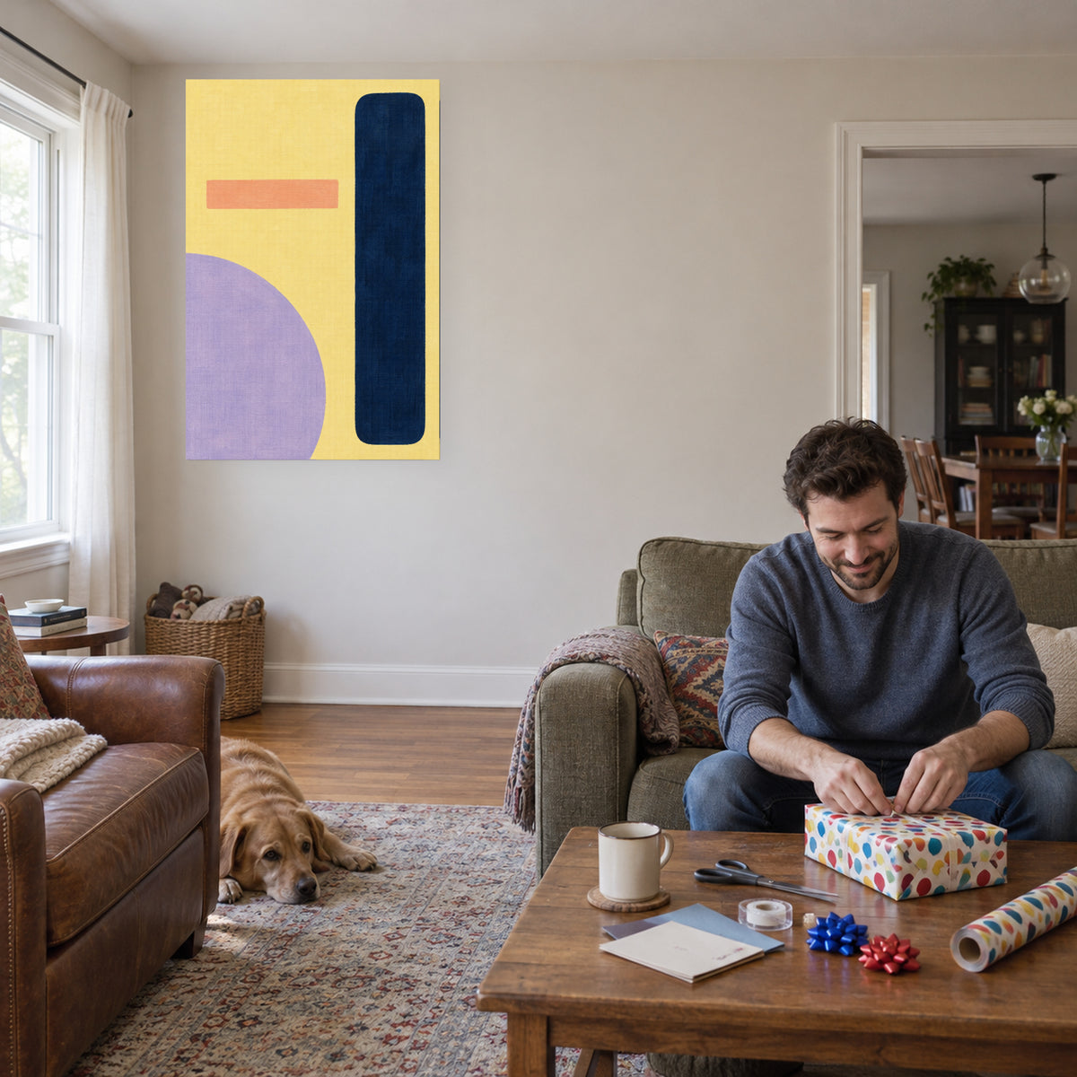 Butter Yellow Rhythm — Abstract Canvas Wall Art — butter yellow, navy and lavender geometric forms — canvas displayed during an everyday home activity — image 09