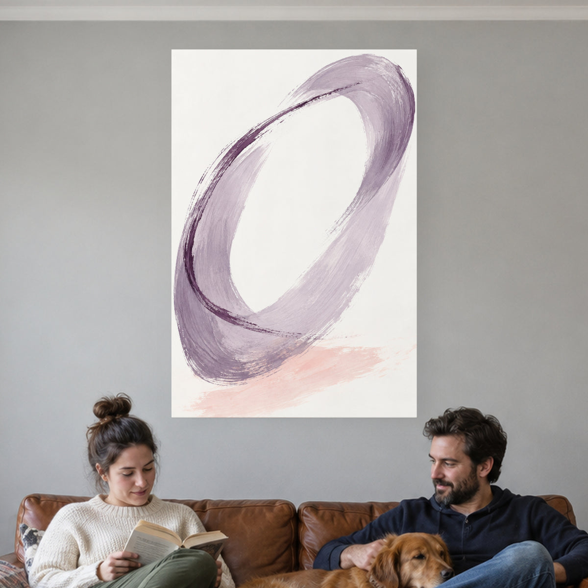 Lilac Loop — Abstract Canvas Wall Art — lilac and plum gestural brushwork — complete gallery-wrapped canvas in a naturally lit home — image 01