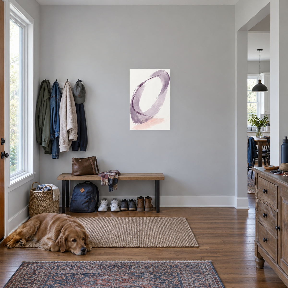 Lilac Loop — Abstract Canvas Wall Art — lilac and plum gestural brushwork — canvas displayed during an everyday home activity — image 05