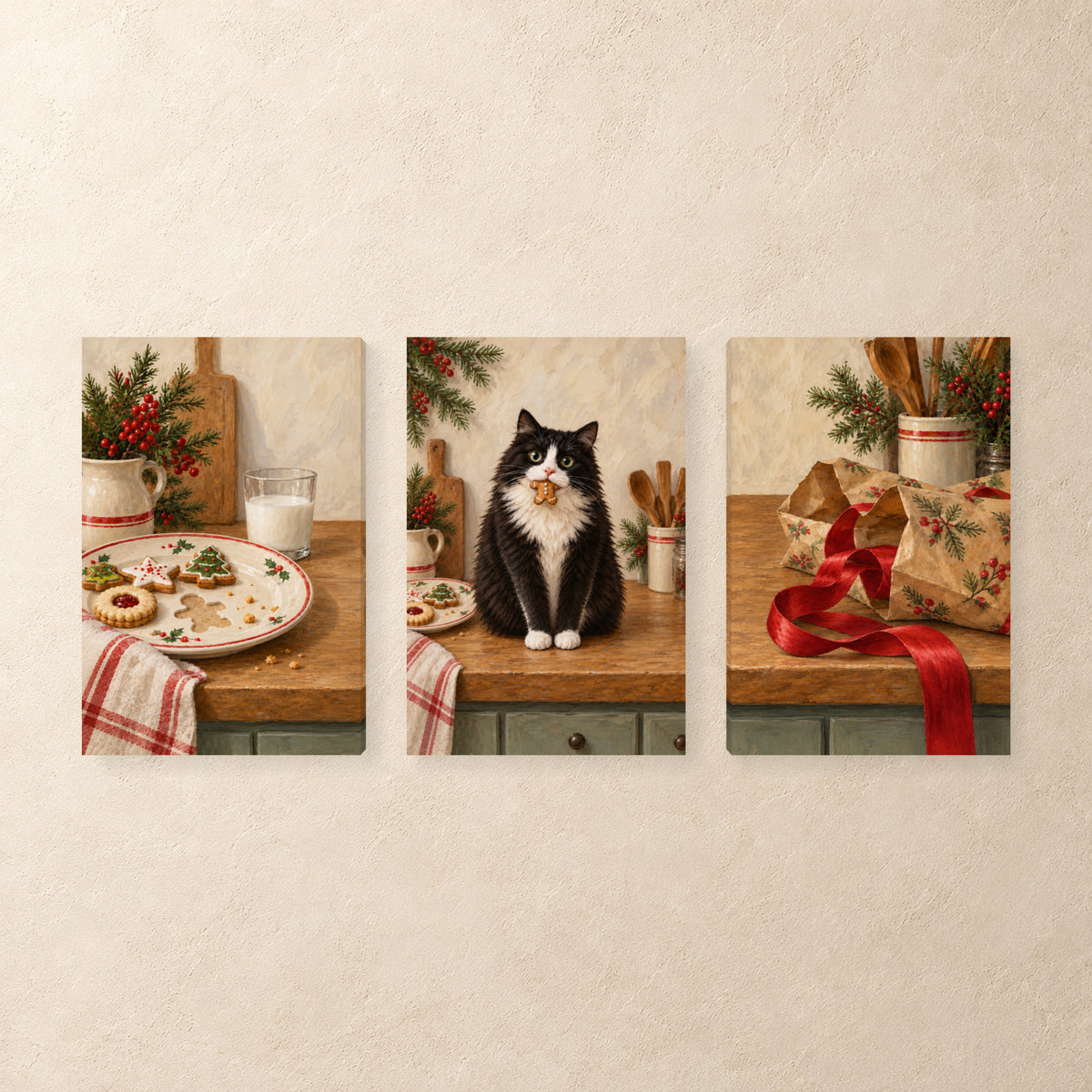 Christmas cookie caper triptych canvas set in natural light