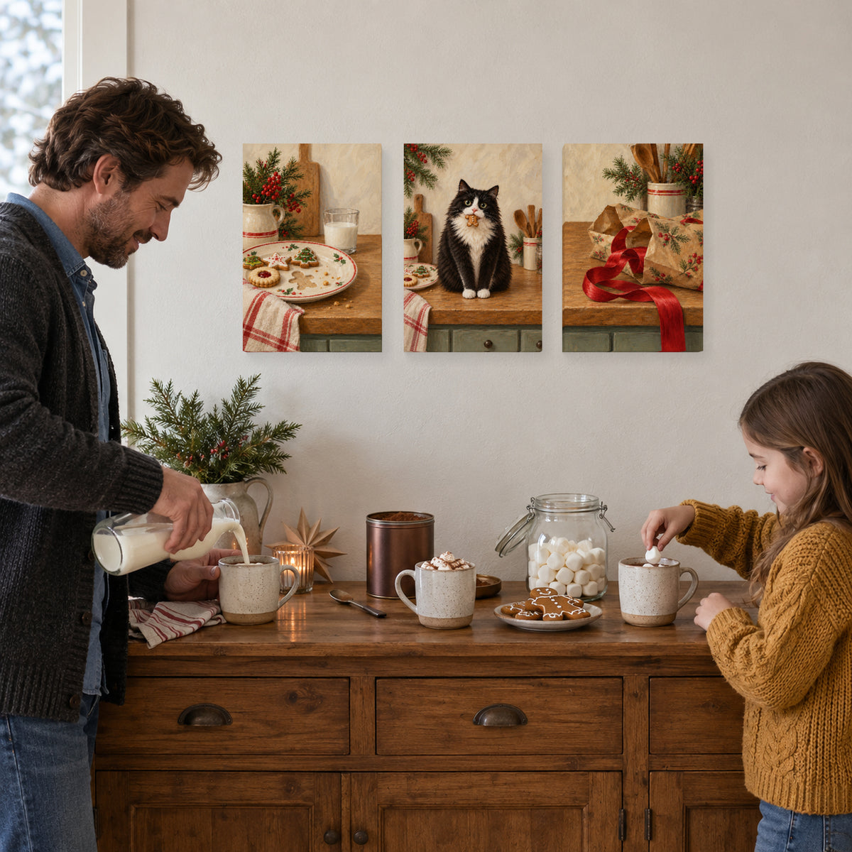 Christmas cookie caper canvas set during hot cocoa preparation