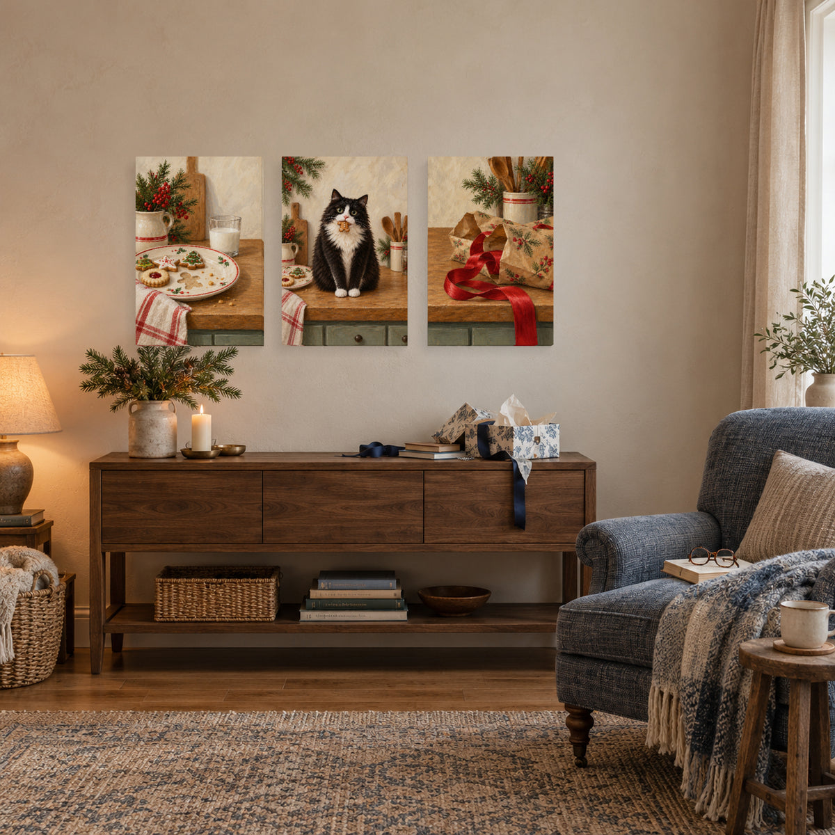 Christmas cookie caper canvas set above a reading nook cabinet
