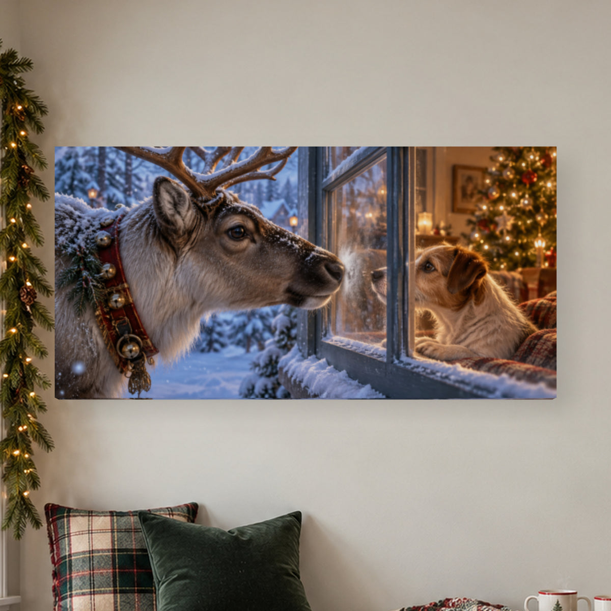 A Christmas Window Encounter — Christmas Horizontal Canvas Wall Art, Single, Unframed — complete unframed canvas artwork in a close lifestyle view; styling props not included