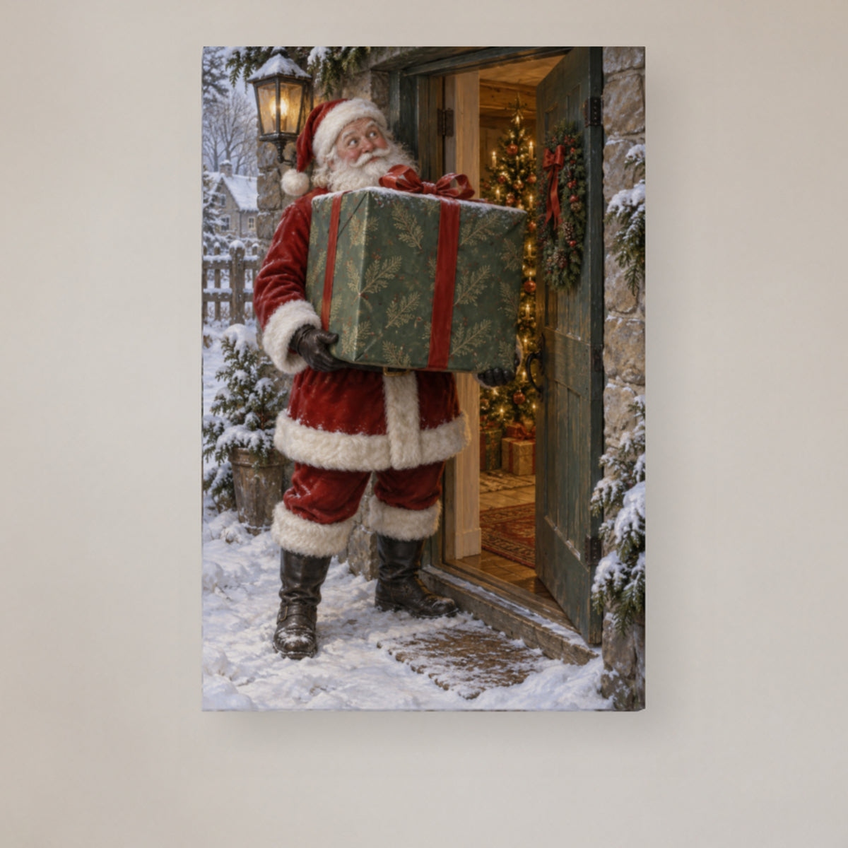 Small Door, Big Gift — Christmas Portrait Canvas Wall Art, Single, Unframed — complete unframed canvas artwork in a close lifestyle view; styling props not included