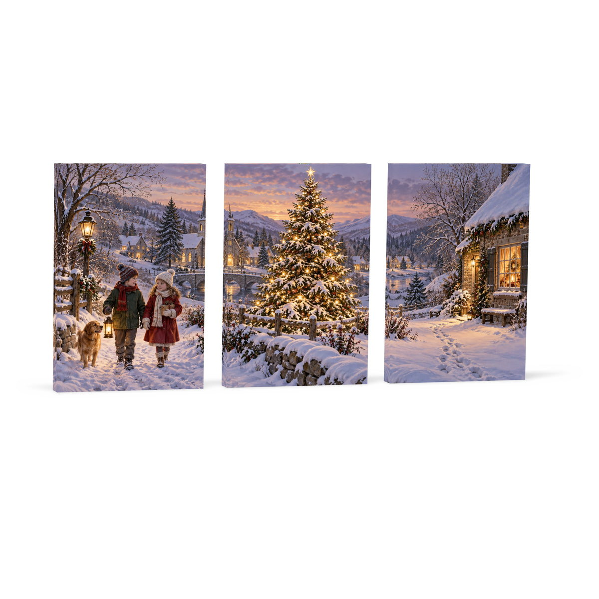 The Tree That Lit Up Winter — Christmas Panel Set Canvas Wall Art, 3-Piece, Unframed — Complete unframed canvas