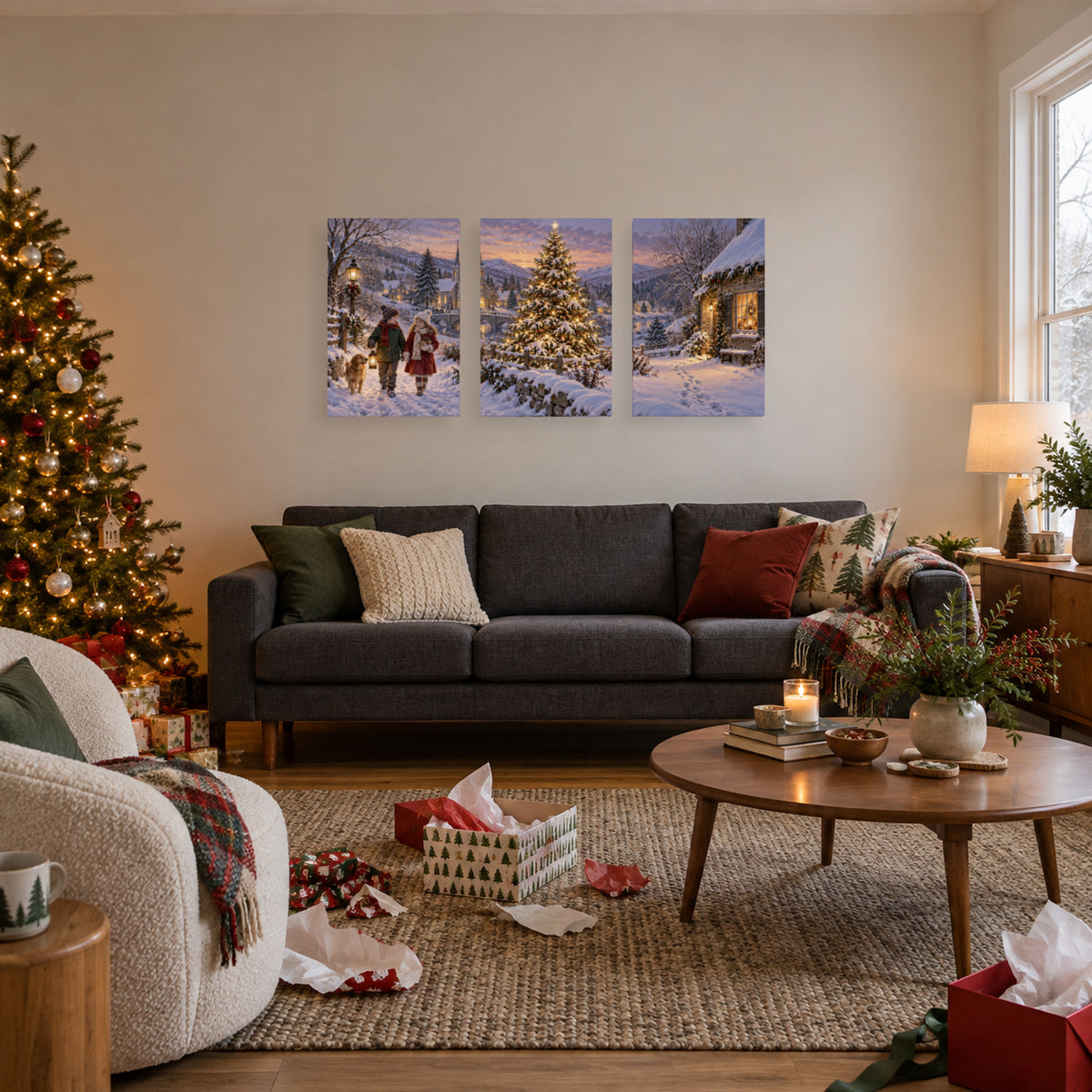 The Tree That Lit Up Winter — Christmas Panel Set Canvas Wall Art, 3-Piece, Unframed — Lifestyle view 2