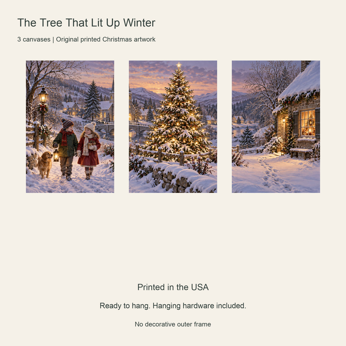 The Tree That Lit Up Winter — Christmas Panel Set Canvas Wall Art, 3-Piece, Unframed — Artwork and product features